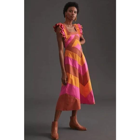 Love The Label Anthropologie Ruffled Colorblocked Midi Dress - Picture 9 of 10